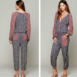 Free People Leia Floral Jumpsuit - Red and Blue XS